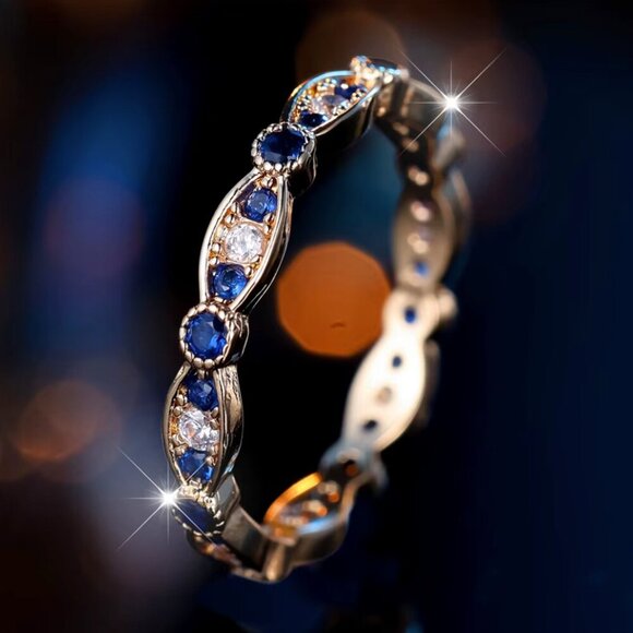 NEW 14k Yellow Gold Diamond Ring Band Blue Sapphire Stackable Ring - Picture 4 of 6